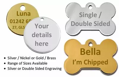 Personalised Round / Bone Engraved Dog ID Name Tag Small / Large Pet / Cat Tags • 2.99£