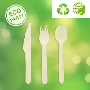 100pc Wooden Cutlery Set Disposable Wooden Folks Spoons Knives Eco Party Deco. - Picture 1 of 7