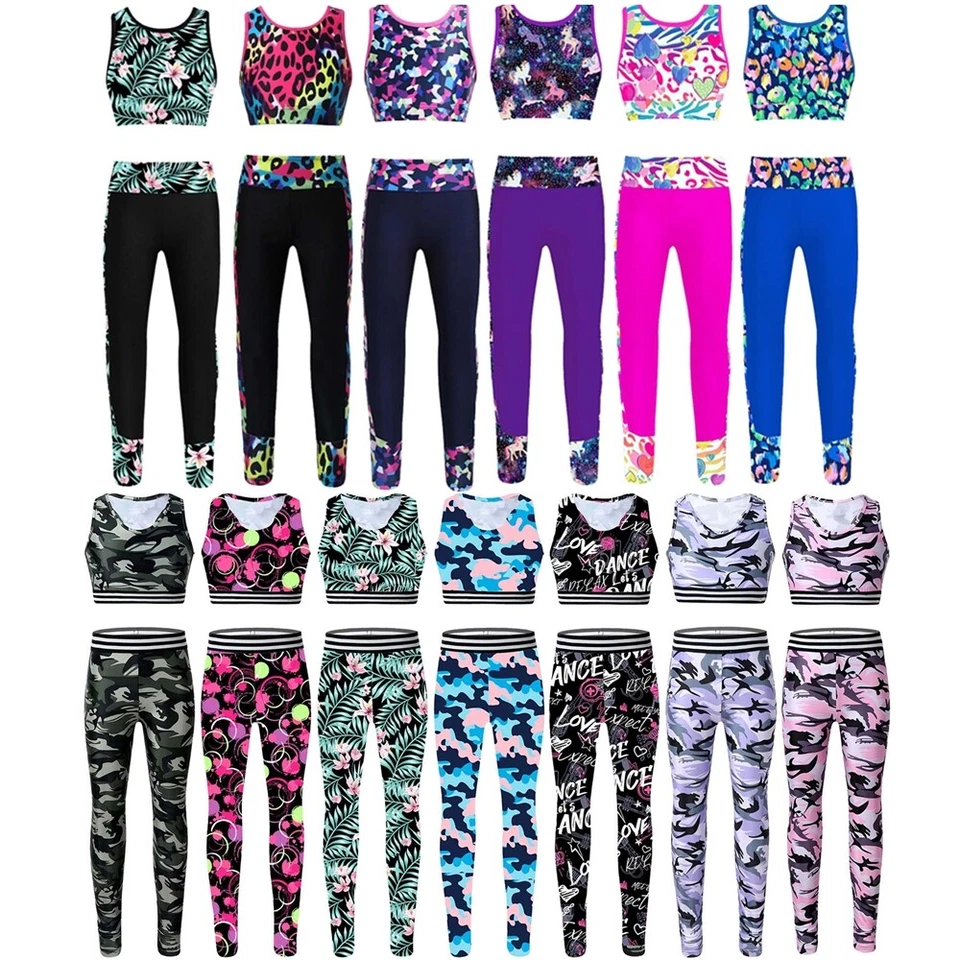 Kids Girls Crop Top and Leggings Set 2 Pieces Workout Dance Gym Tracksuit Outfit - Image 1 of 1
