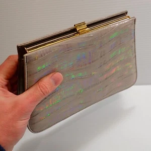 Iridescent Clutch Bag Hand Bag - Leather - Grey - NOS - Picture 1 of 14