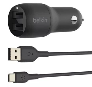 Belkin Dual USB-A 24W Car Charger w/ USB-C Cable for Apple iPhone/Samsung Black - Picture 1 of 3