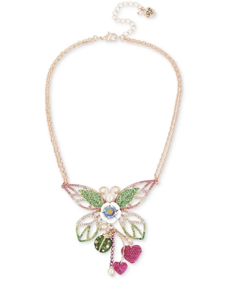 $75  Betsey Johnson Fruity Petals Crystal Accent Butterfly Necklace #549 - Image 1 of 4