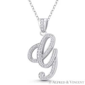 Initial Letter "G" Cursive Script CZ Crystal 925 Sterling Silver Rhodium Pendant - Picture 1 of 1