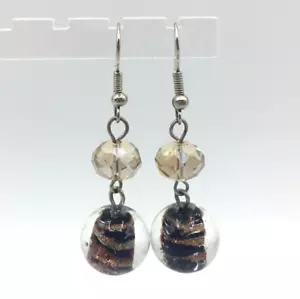 Art Glass Swirl Bead Gold Glitter Black Round Pierced Dangle Earrings 2" Long - Picture 1 of 5