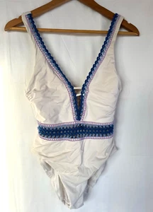 BECCA Muse white with blue crochet one piece swimsuit, women’s S - Picture 1 of 3