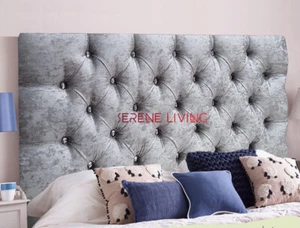 HEADBOARD CHESTERFIELD CRUSHED VELVET 20" BED HEAD - SMALL DOUBLE KING SUPERKING - Picture 1 of 19