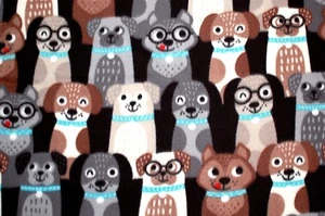 HAPPY PUPS/ DOGS IN LINE-GLASSES & COLLARS ON BLACK FLEECE FABRIC 1 YD 60X36" - Picture 1 of 3