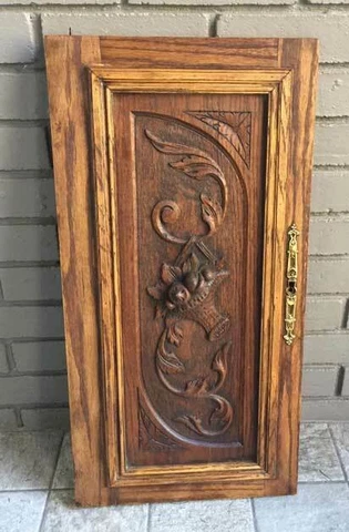Antique OAK CARVED DOOR W/  SCROLLS , BASKET MOLDING & HARDWARE (A) Cover