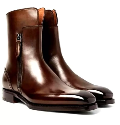 Botas con cremallera al tobillo de cuero genuino hechas a mano para hombre, vestido al tobillo, zapatos para hombre Foto 1 de 4