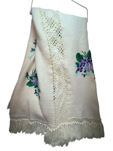 Vintage Afghan Floral Crochet Throw Blanket Ivory Cozy Fringe Trim 69"Wx88"L - Picture 1 of 11