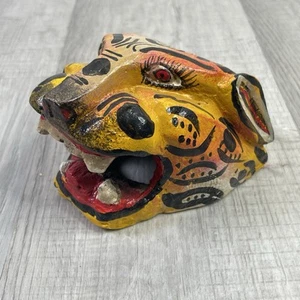 Arte popular mexicano madera tallada jaguar leopardo cabeza de gato león máscara facial guerrero - Imagen 1 de 13