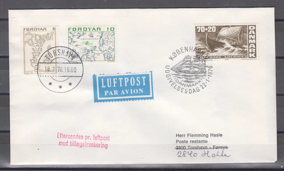 FAROE ISLANDS : 1976  FDC/ COVER - SCOTT # 7-8 / B49   AIR MAIL - Image 1 of 1