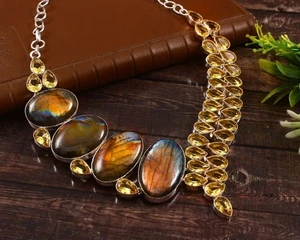 Collana gioielli in argento sterling 925 con pietre preziose labradorite e citrino misura-18" - Foto 1 di 6