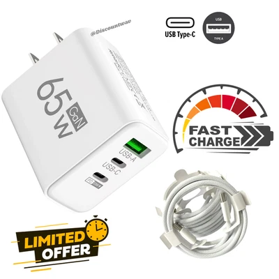 3 Port 65W USB C USB B C/A Charger Block USB C Cable 20W/60W Fast Charging Speed - Image 1 of 4