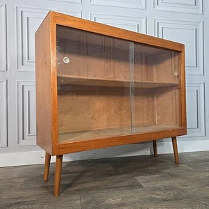 Retro Vintage Teak Mid Century Glass Bookcase Display Shelves Cabinet Wood MCM - Picture 1 of 24