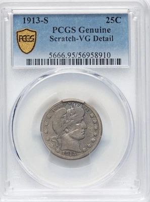 1913-S Barber Quarter 25c - PCGS VG Detail - Scratch - Image 1 of 4
