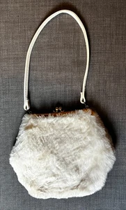 White Faux Fur Purse New Rhinestone Clasp Brass Closure Faux Leather Strap - Picture 1 of 4