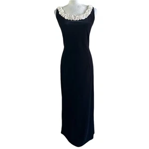 Royal Fashion Vtg 80s Black Velvet White Rose Neckline Maxi Dress Womens - Picture 1 of 6