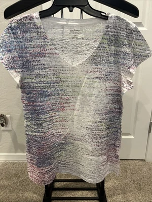 Daisy Fuentes Women’s White With Multicolored Print Large Short Sleeve Shirt - Image 1 of 4