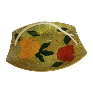 Vintage Lacquerware Giftwood Hand Painted Floral Basket Tray Celluloid Handle - Picture 1 of 13