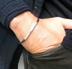 Tube sterling silver black silicone bracelet men women cord 925 string bangle - Picture 1 of 8