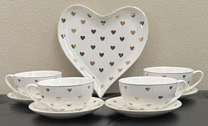 11pc Elegance Gold White Heart Tea Set Cups, Saucers, Dessert Plate, Cream Sugar - Picture 1 of 10