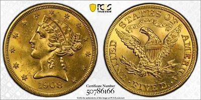 1908 Liberty Head $5 Five Dollar Gold - PCGS MS64 - Gold Seal - Image 1 of 4