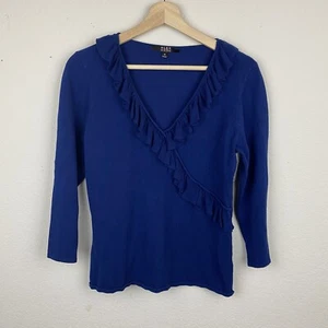 ALEX MARIE Blue Silk Blend Ruffle Sweater MEDIUM 3/4 Sleeve V-Neck Shirt 85 - Picture 1 of 11