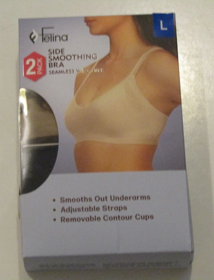 Felina Bras Womens Large 2-PACK Black Nude Side Smoothing Seamless