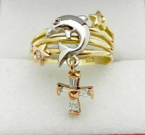 Star Dolphin Charm Dangle CROSS 14k Multi-Tone Gold Ladies Ring size 7 - Picture 1 of 9