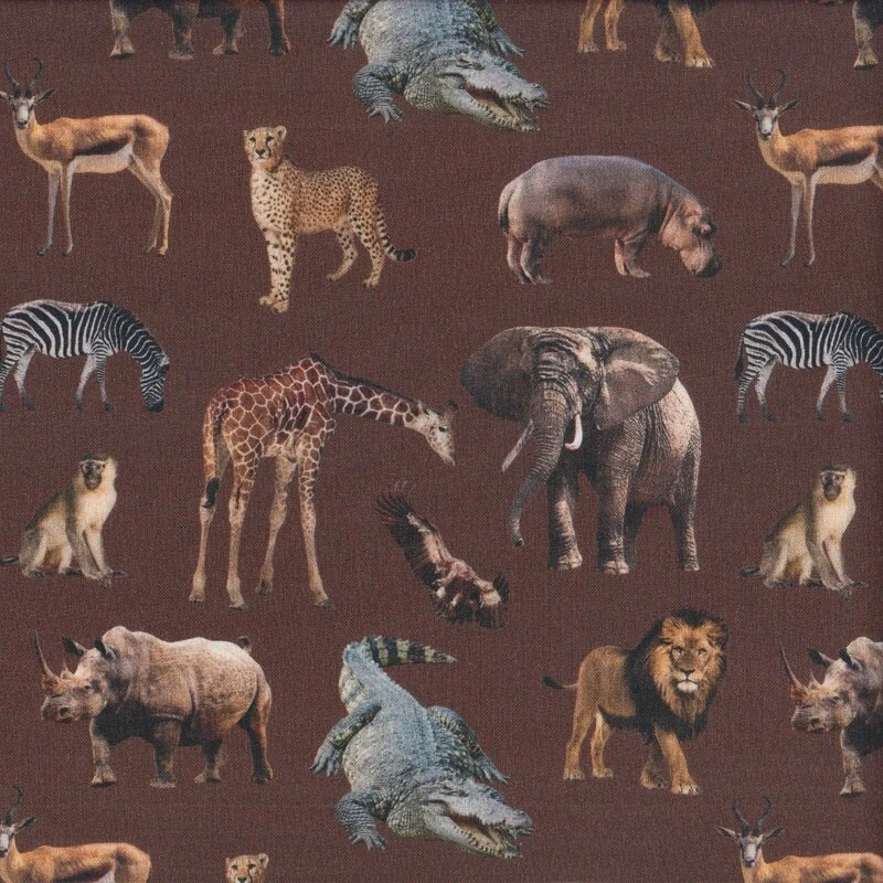 NEW Wildlife Elephant Monkey Cheetah on Brown African Safari Quilting Fabric 1/2 - image 1 of 1