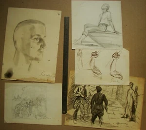 5 Ukrainian Soviet USSR pencil drawings realism figure genre portrait sketch - Picture 1 of 7
