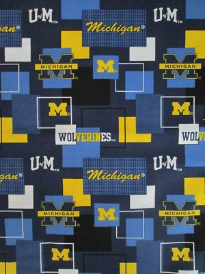 UNIVERSITY OF MICHIGAN WOLVERINES U of M BLUE BLOCKS COTTON FABRIC FQ - Image 1 of 4