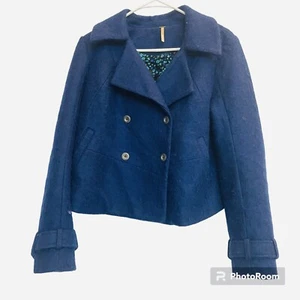 Free People Size S Blue Jacket Button Down Fuzzy Lined Wool Blend Pea Coat - Picture 1 of 5