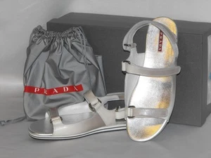 PRADA PATENT OMBRE FUME LEATHER FLATS TWO TONES GLADIATOR LOGO SANDALS 37.5 - Picture 1 of 6