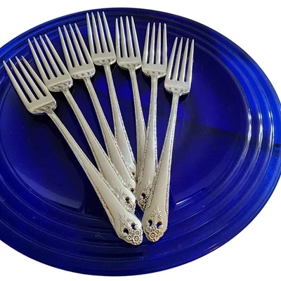 7  HOLMES & Edwards  Lovely Lady Silverplate Dinner FORK Set  7.75" Inlaid - Image 1 of 3