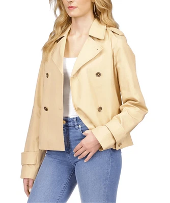 NWT Michael Kors Women's Long Sleeve Double Breasted cropped Trench PeaCoat beig - Image 1 of 4