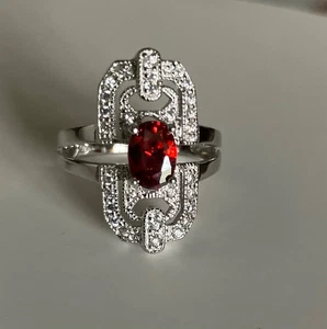 Stunning Red & CZ Ring Silvertone Size 6 - Picture 1 of 4