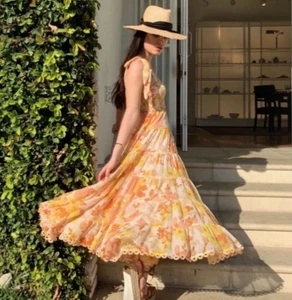 Zimmermann Dress Size 1 AU 8-10 /US 4-6 Primrose Crinkle Floral Orange Yellow - Picture 1 of 19