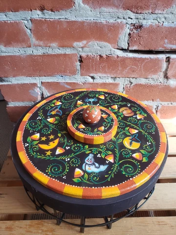 Handpainted Halloween Folk Art Round Wire Basket Wooden Lid Signed Mayo Pumpkin Cover