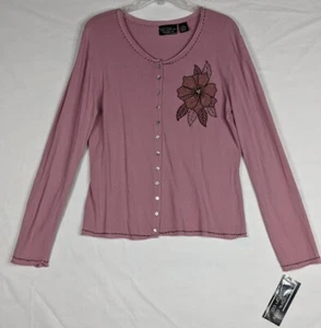 New York City Design Co rosa mit braunem Langarm Cardigan XL Applikation Perlen NEU - Bild 1 von 12