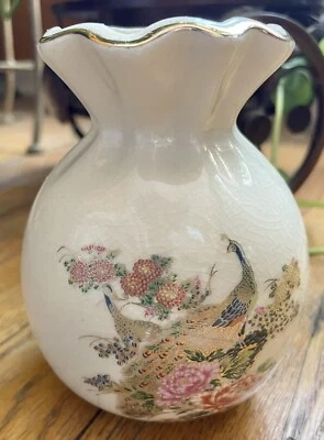 Vintage Peacock Asian  Ruffled Vase Floral Gold Hand Painted Japan - Image 1 of 4