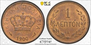 1900-A Greece Crete 1 Lepton - PCGS MS 63 RB - Picture 1 of 3