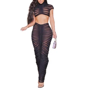 Sexy 2 Piece Outfits for Women Mesh Short Sleeve Crop Top Bodycon Maxi Skirt Set - Picture 1 of 29