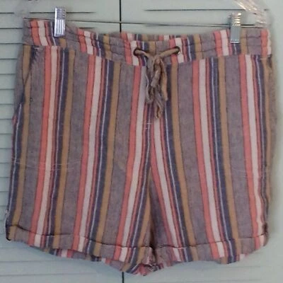 PER SE STRIPED LINEN BLEND SHORTS PULL ON ELASTIC WAIST 4" LENGTH CUFFED HEM LRG - Image 1 of 4