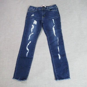 1st Kiss Jeans Girls Size 14 Blue Skinny Distressed Denim Raw Hem Dark Low Rise - Picture 1 of 9
