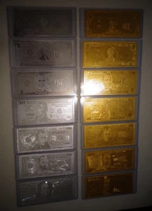 14 GOLD & SILVER DOLLAR BILL SET $1-2-5-10-20-50-100 & EACH IN PVC BILL HOLDER! - Picture 1 of 12