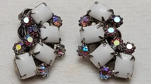 Signed WEISS Vintage White Milk Glass w/ AB Rhinestone Clip On Earrings - Picture 1 of 21