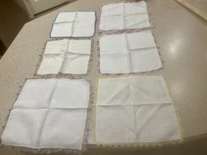 LOT OF 6 VINTAGE CROCHET/TATTED Multi Color EDGE ON WHITE Hankie Handkerchief - Picture 1 of 6