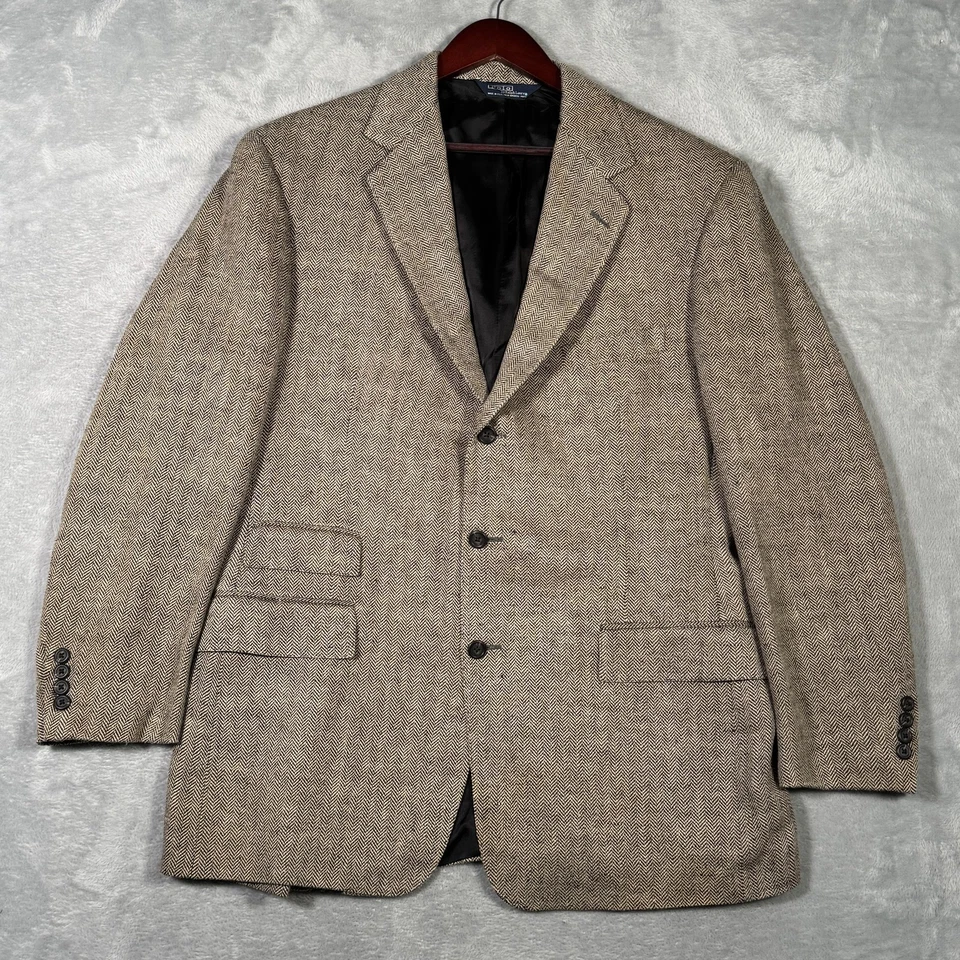Polo Ralph Lauren Blazer Sport Coat Mens Large 46L Herringbone Tweed Brown USA - Image 1 of 4